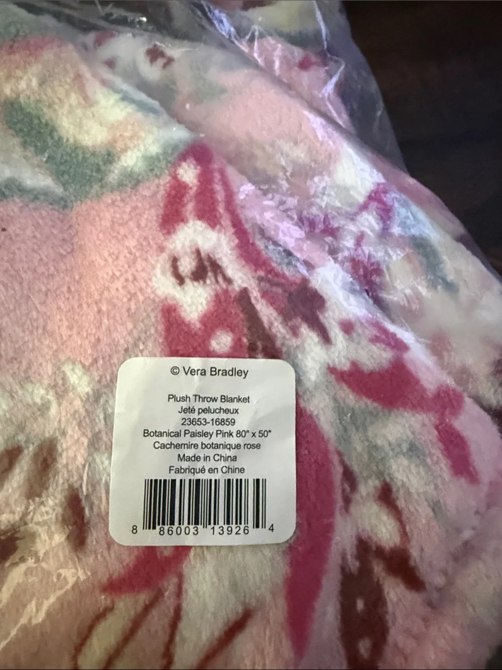 Vera Bradley Pink Floral Plush Throw Blanket with Burgundy Accents- 80”x50”